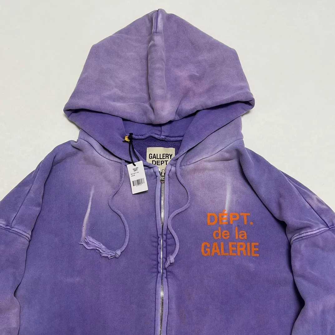 The same style as the owner GALLERY DEPT. FRENCH ZIP HOODIE water corrugated French zipper hole hoodie, sun washed purple, washed purple S-XL, ready-to-wear dyeing, hand-stitched and heavy-weighted, faded, super-heavy washing, hand-hanging holes, bone edges turned white, molded and customized with G LOGO zipper